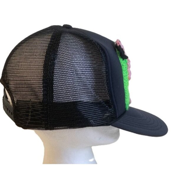 Trucker Hat w/ Crochet Flamingo Granny Square Style Adjustable Handmade Black - Picture 3 of 7